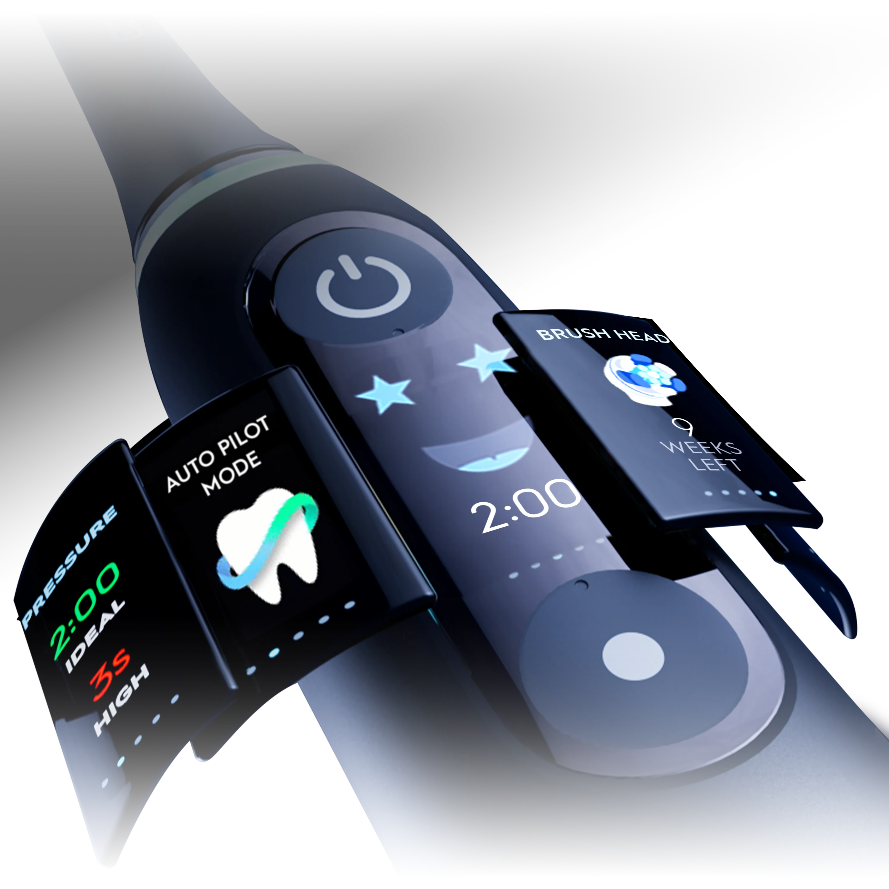 Close-up of iO brush interactive display, showing its features