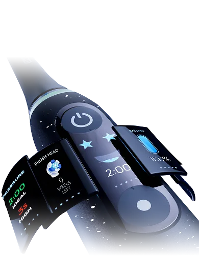 Close-up of iO brush interactive display, showing its features