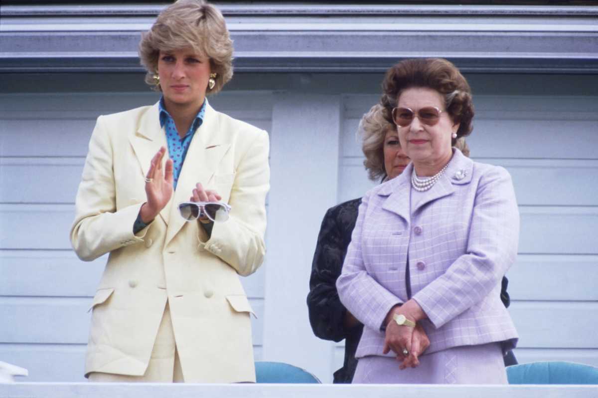 Queen Elizabeth II and Diana Princess of Wales watching Prince Charles playing in a polo match at Guards Polo Club