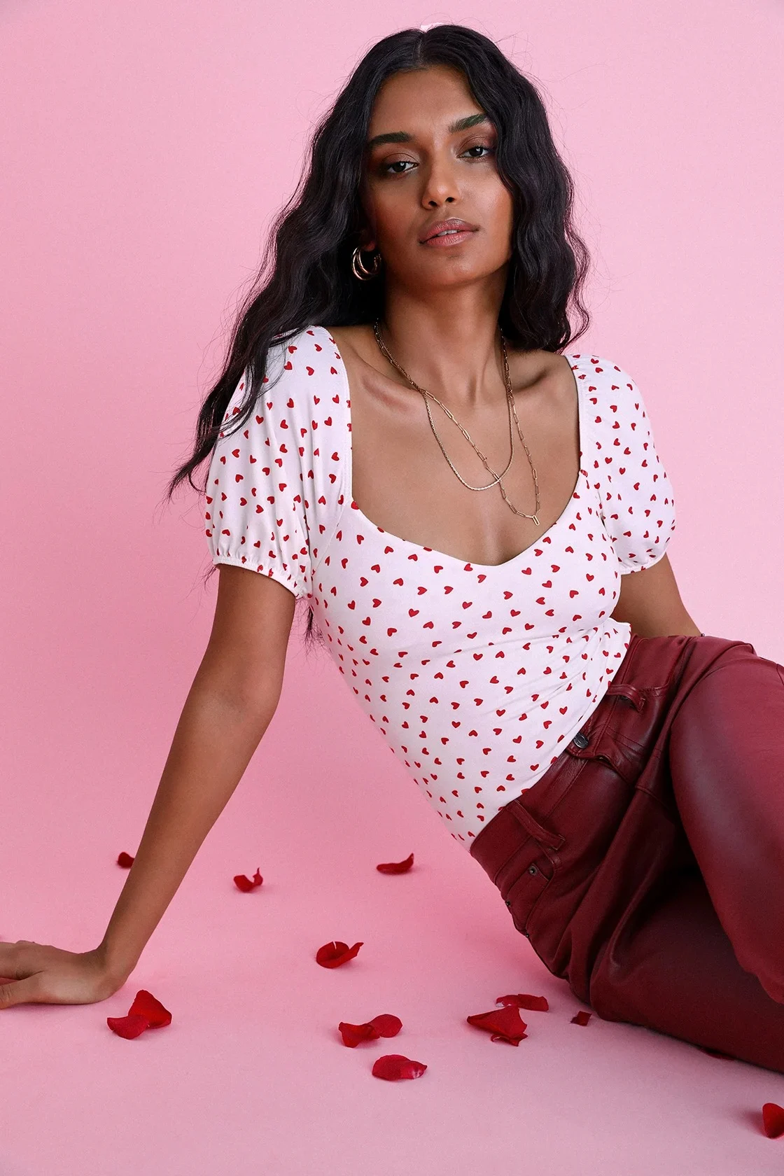 Heart print puff sleeve bodysuit