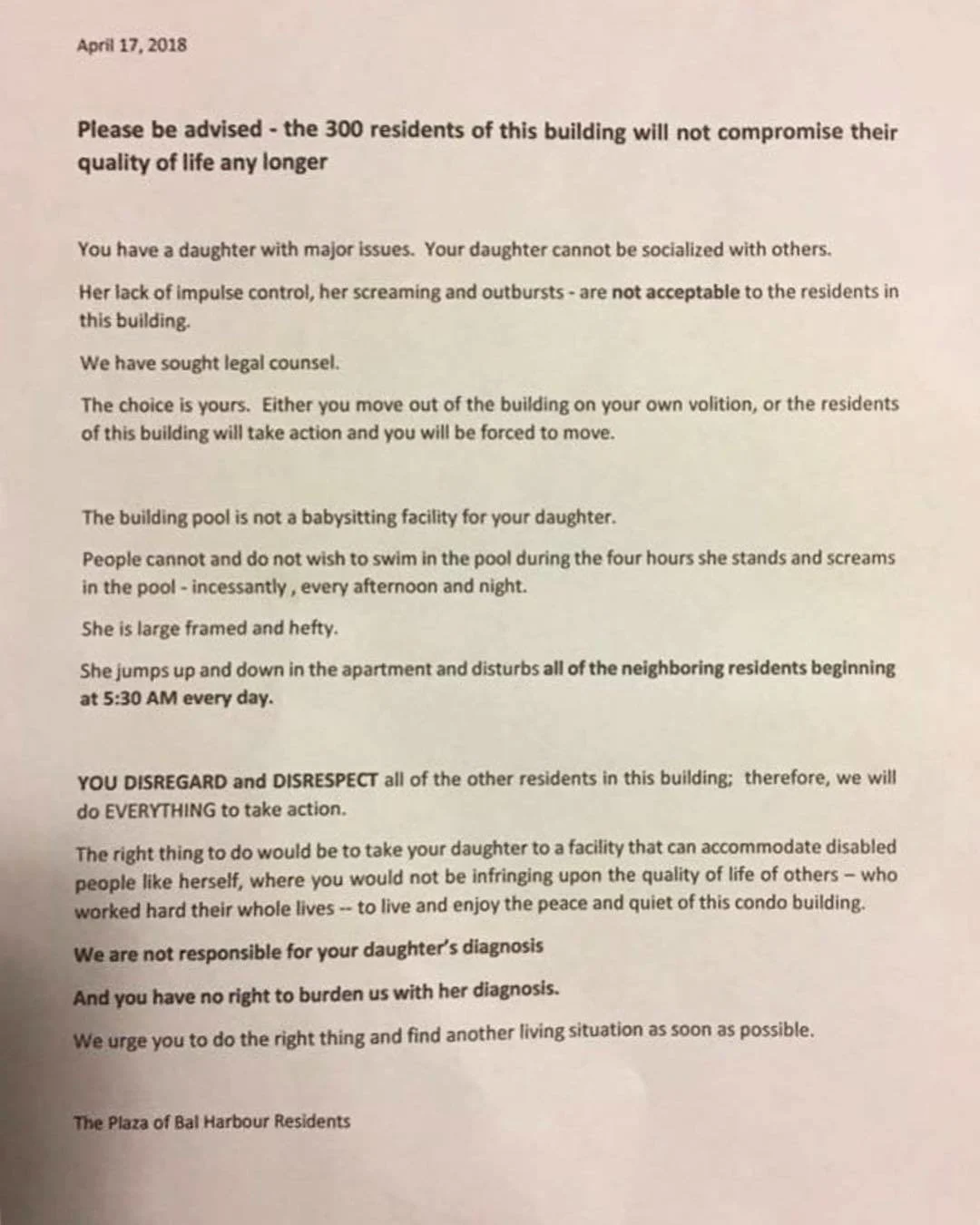 offensive letter to mom of child with disability