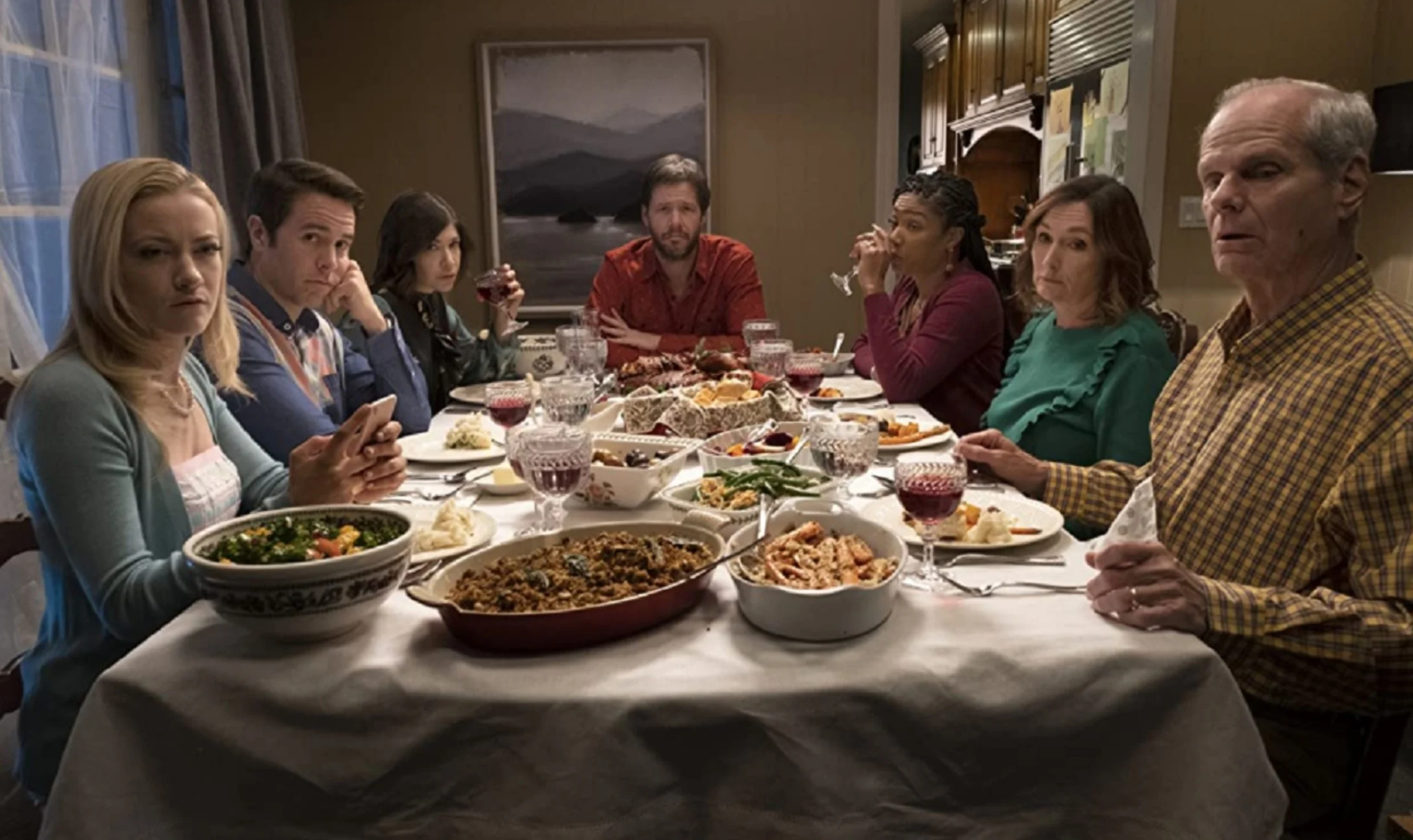 Nora Dunn, Ike Barinholtz, Chris Ellis, Carrie Brownstein, Tiffany Haddish, Jon Barinholtz, and Meredith Hagner in The Oath (2018)