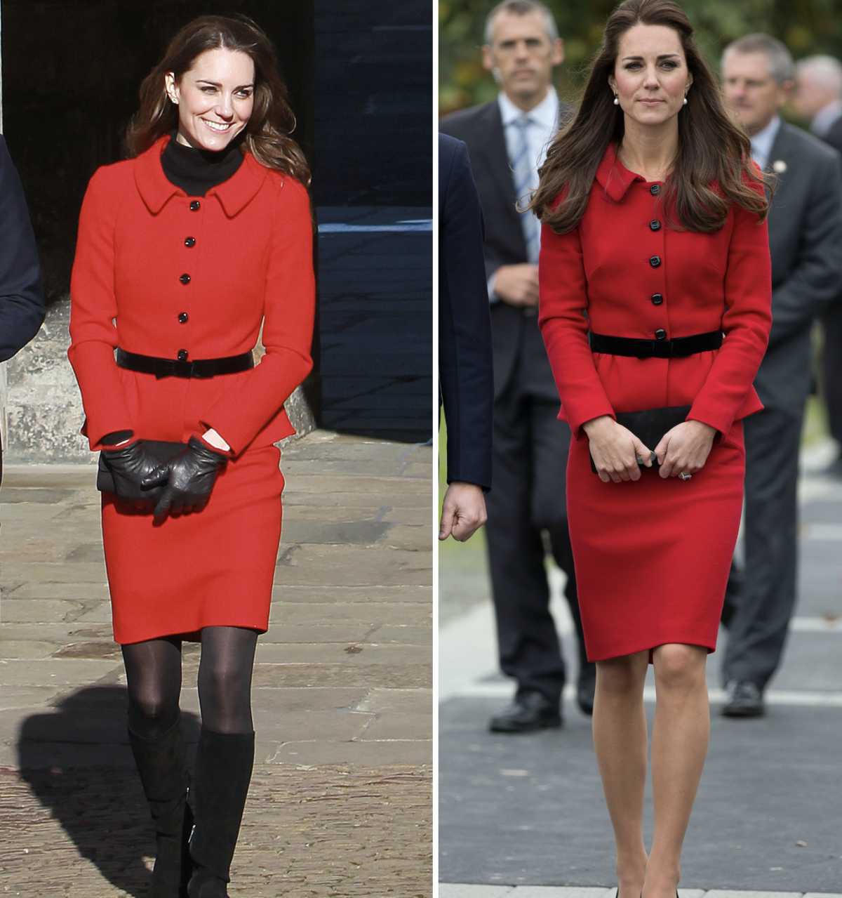 Kate Middleton red suit side by side