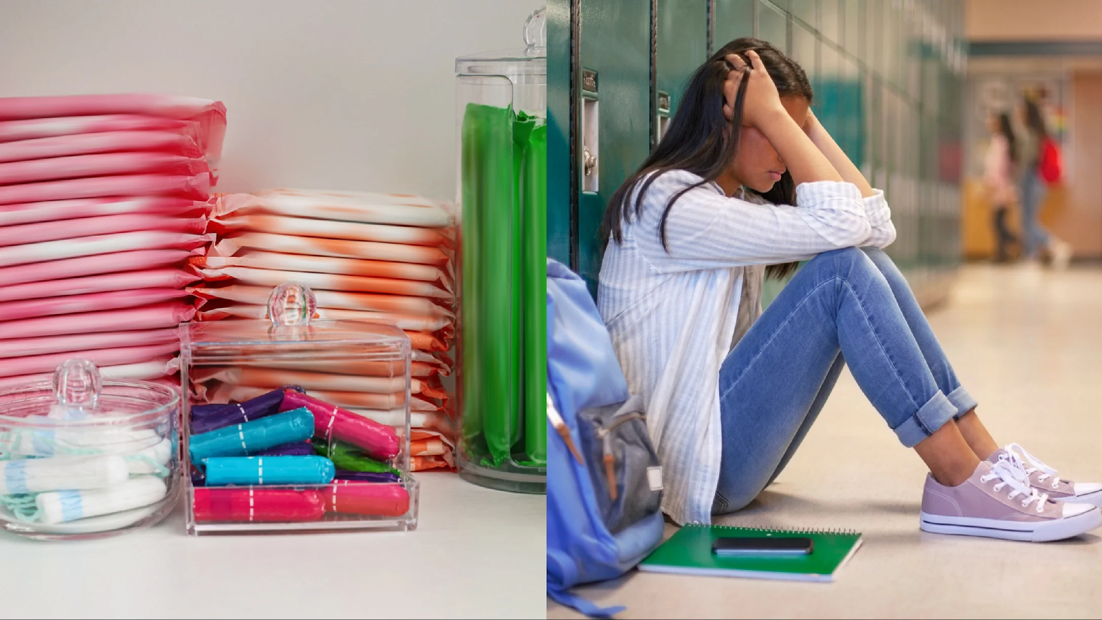 Period products, frustrated teen girl
