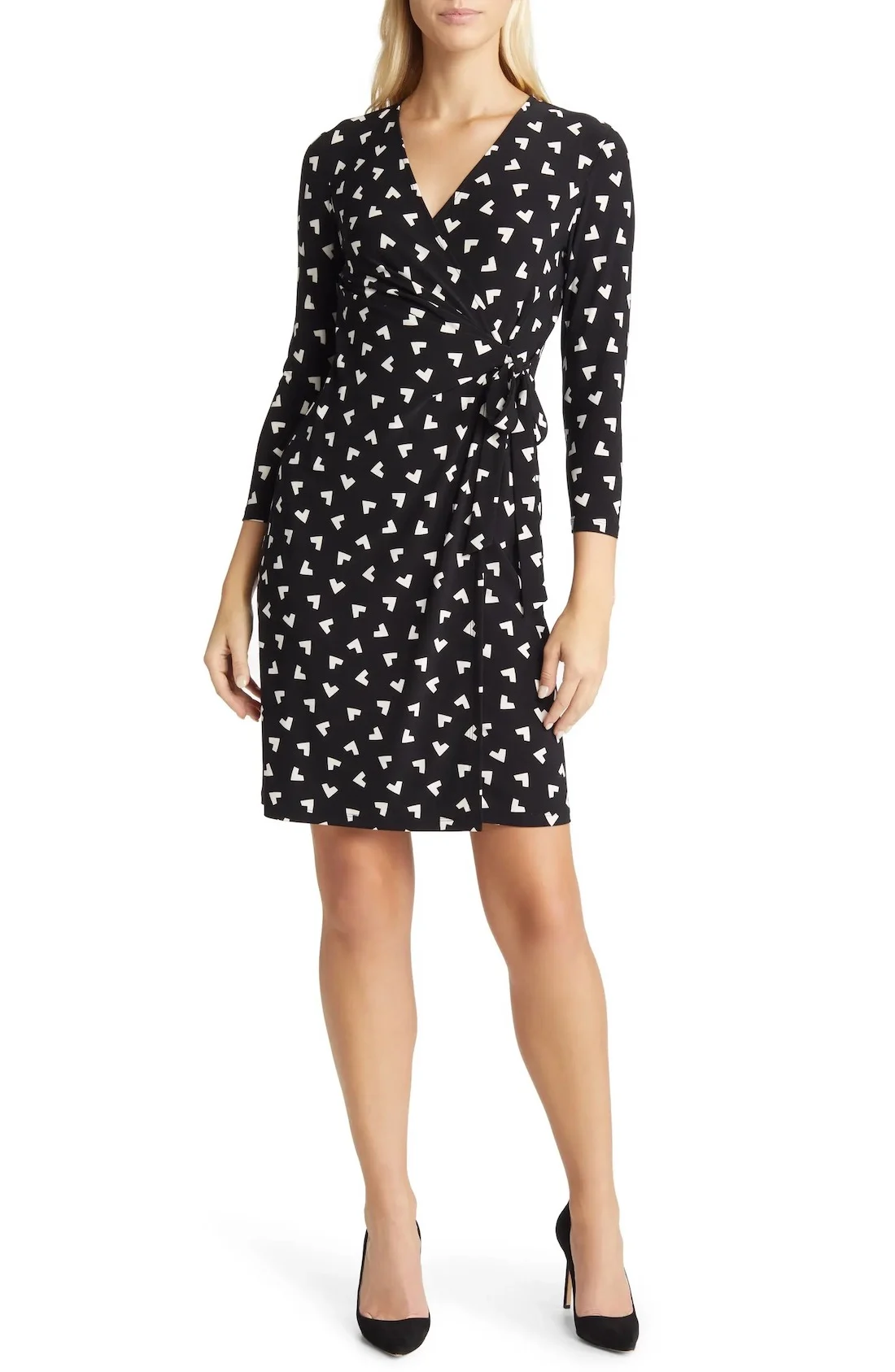 heart print long-sleeve wrap dress