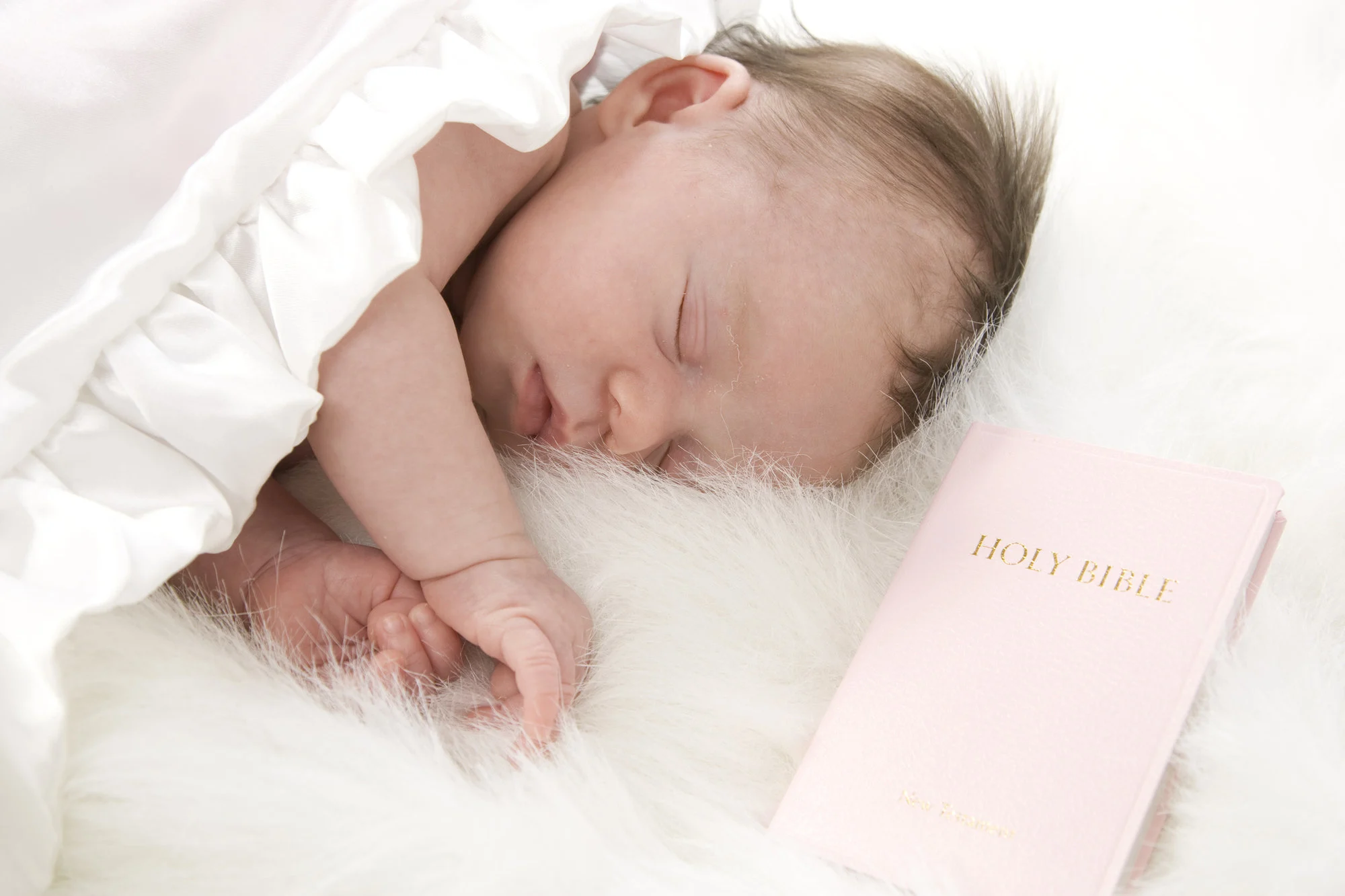 Precious newborn baby sleeping peacefully with pink Bible