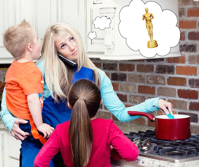 A busy mom with her kids dreaming about the Oscars