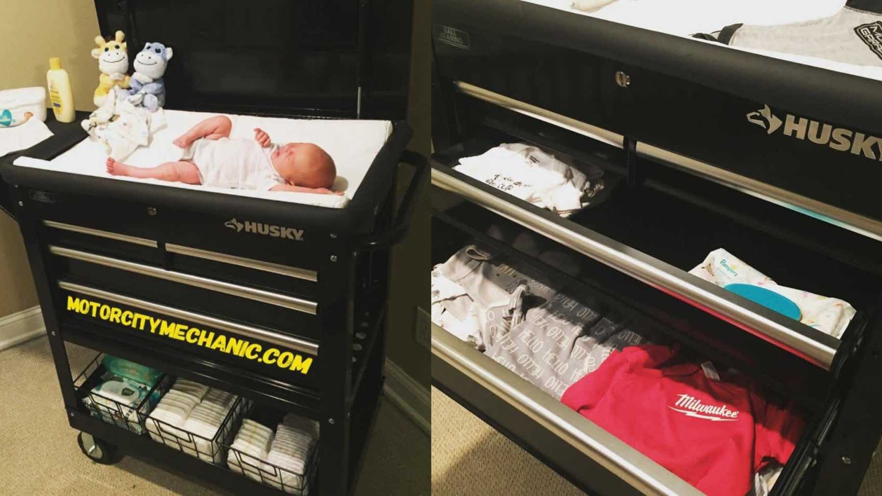 Dad's Tool Cart Changing Table for His Twins Is Genius