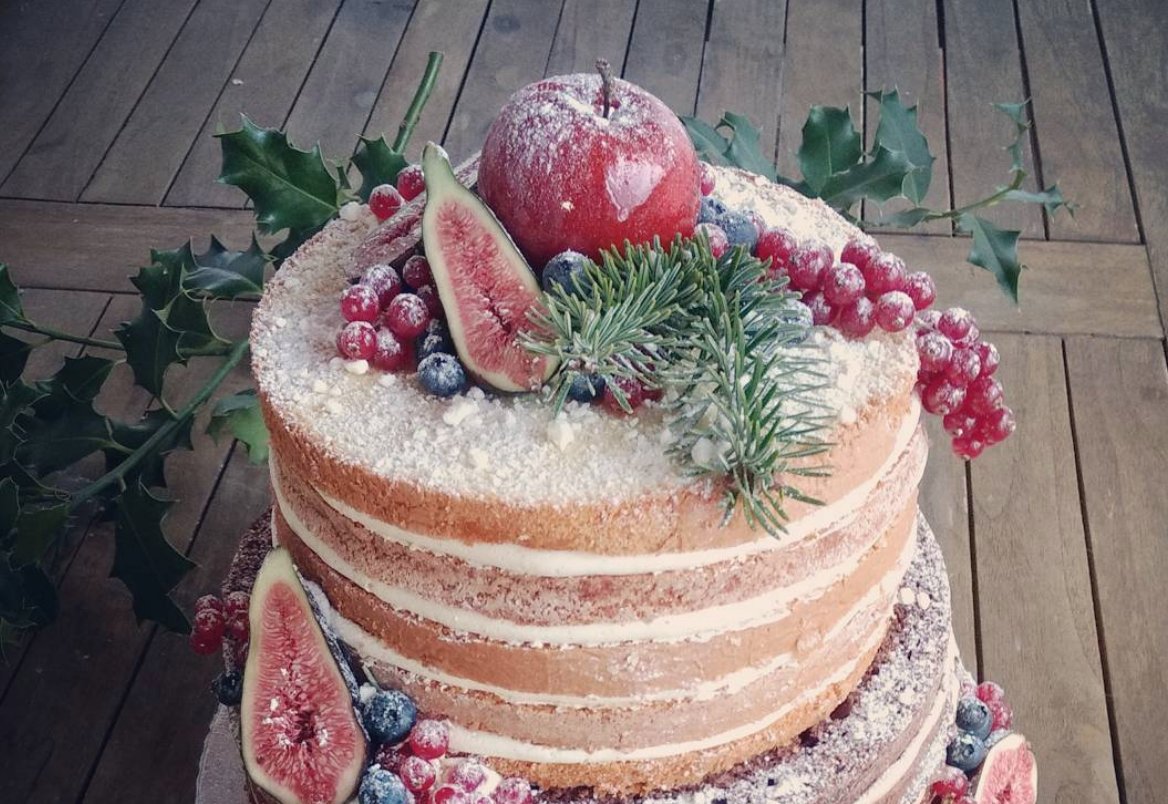 Gingerbread Cake w/ Sugared Winter Forest - Blue Bowl