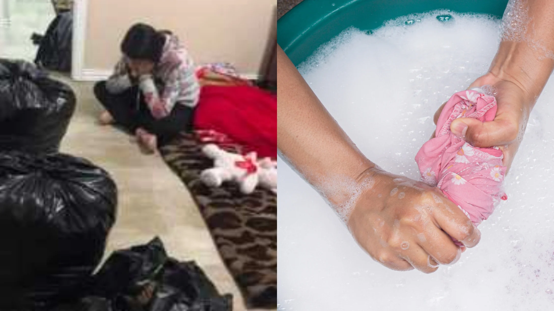 Photo of teen girl sitting on the tile floor, next to garbage bags full of her stuff.