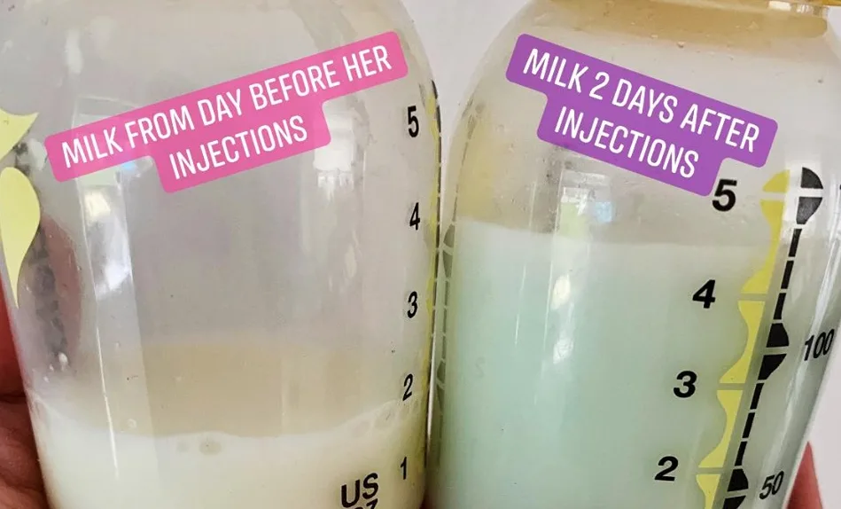 Image of two bottles with pumped breast milk. One is clearly more bluish in color.