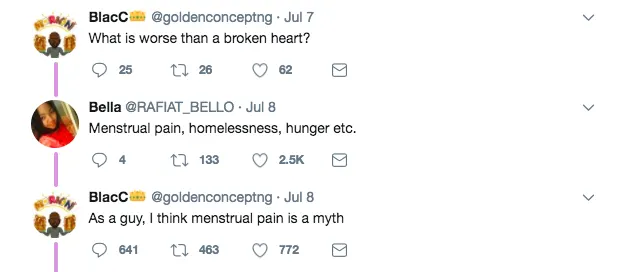 A guy recently posted to Twitter claiming that "menstrual pain is a myth" after a girl told him that it's worse than a broken heart.