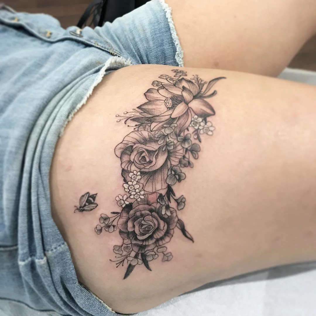 Thigh Vintage Flower Tattoo