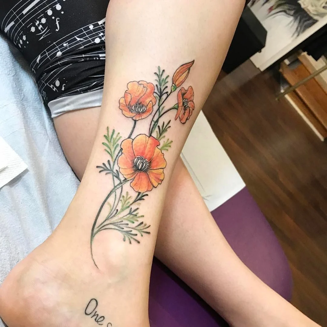 California Poppies Vintage Flower Tattoo
