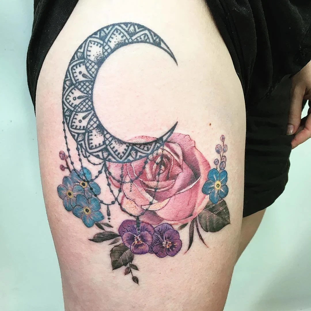 Moon Vintage Flower Tattoo