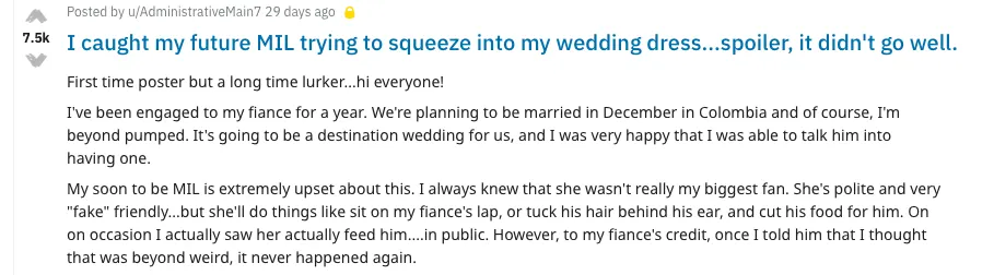 The bride shared on Reddit that she and her fiancé are planning a December wedding in Columbia after a year engagement and his mom isn't pleased.