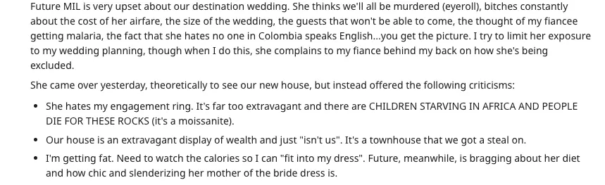 The bride's MIL doesn't like the idea of a destination wedding and has complained about airfare, the size of the wedding, and more.