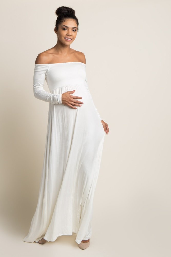 maternity solid white lace off shoulder dress