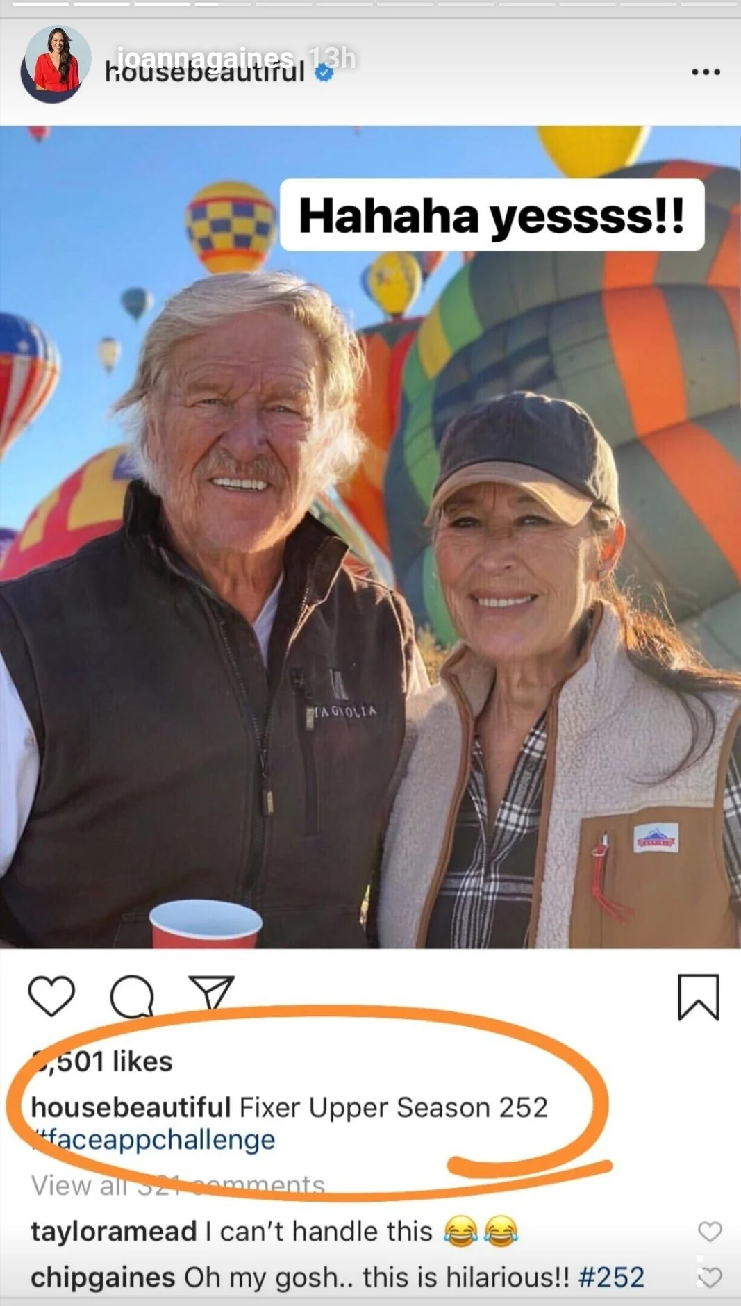 The fun started with Joanna sharing a photo of her and Chip on a House Beautiful magazine cover, aged for a little fun.