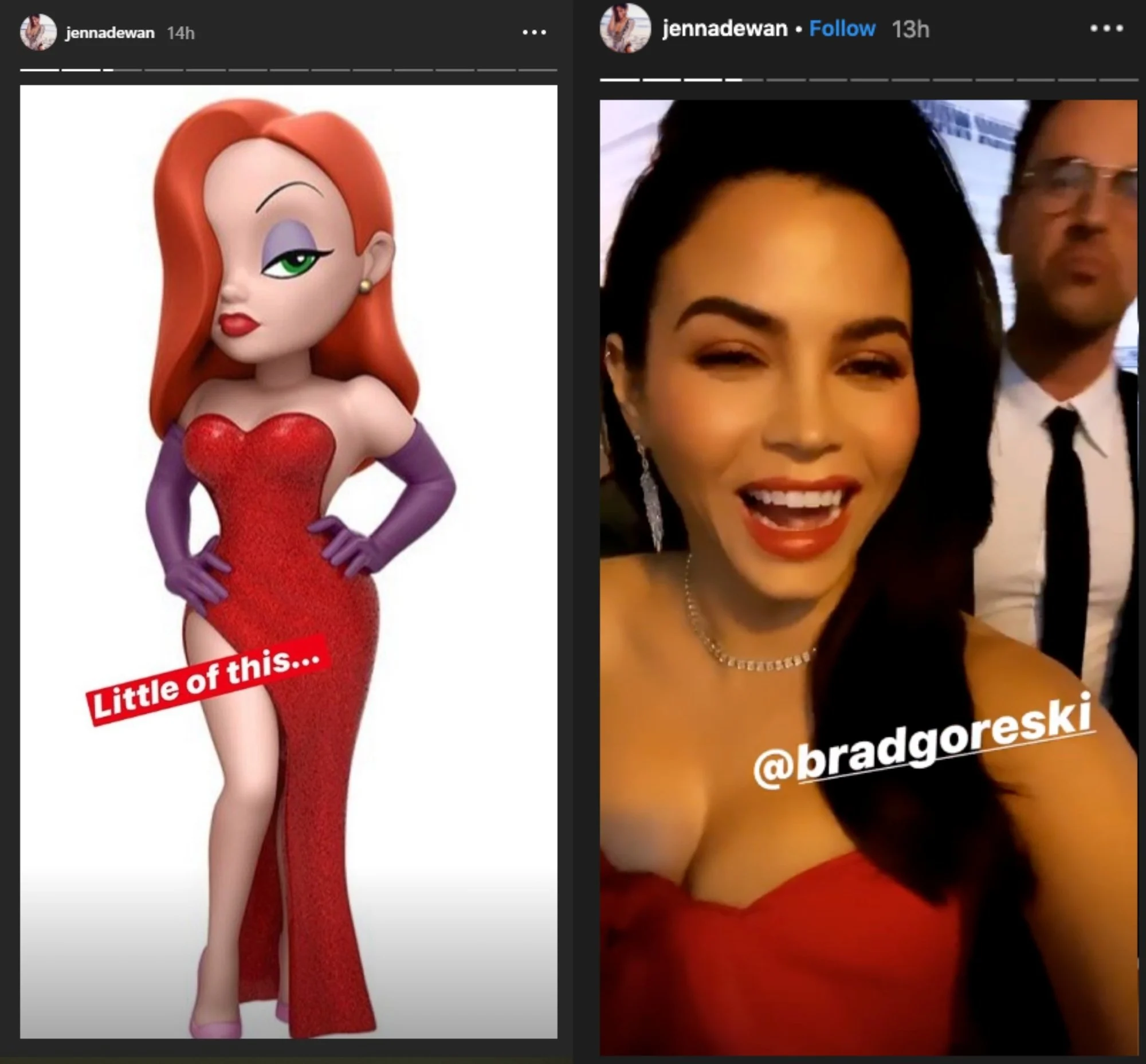 Jenna also shared some moments from her night on her Instagram Stories, revealing the animated inspiration for her look.