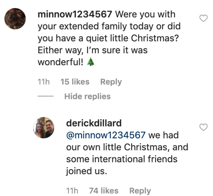 Derick also confirmed in an Instagram comment that he and Jill did their own thing this year.