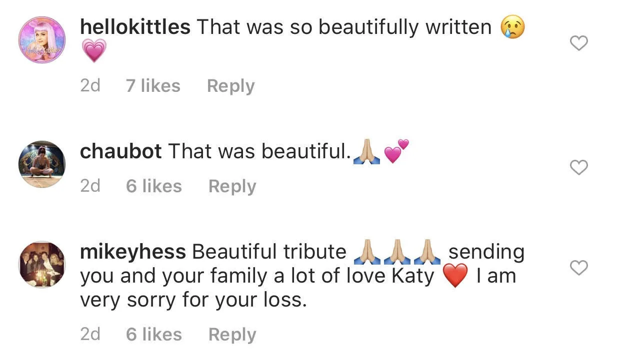 So many fans commented, sending Katy their condolences.