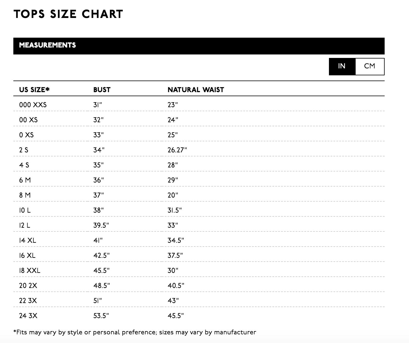 madewell shirt size chart