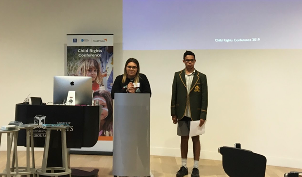 Sherice at the Convention on the Rights of the Child 30th Anniversary Conference 2019 reading out the Imagination Declaration with James Hood, a student in the program.