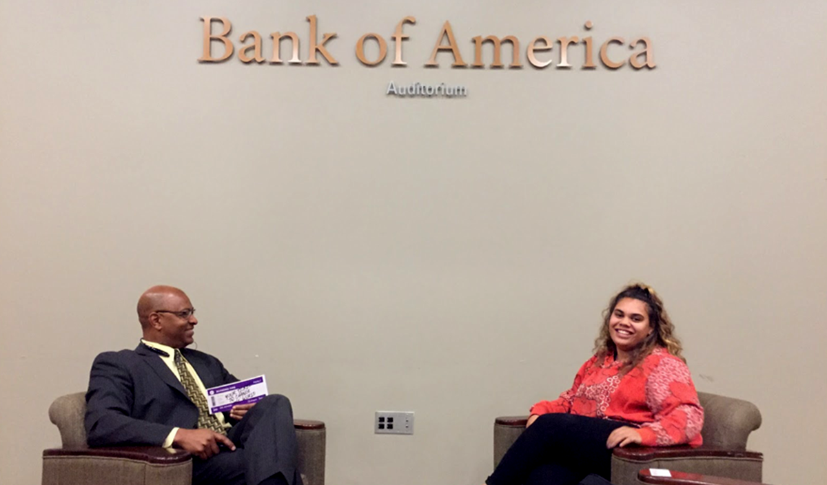 Morehouse College faculty member Dr. Foster and AIME Program Manager Sherice Jackson in an on-stage discussion at the historic black men’s college where Martin Luther King Jr. studied