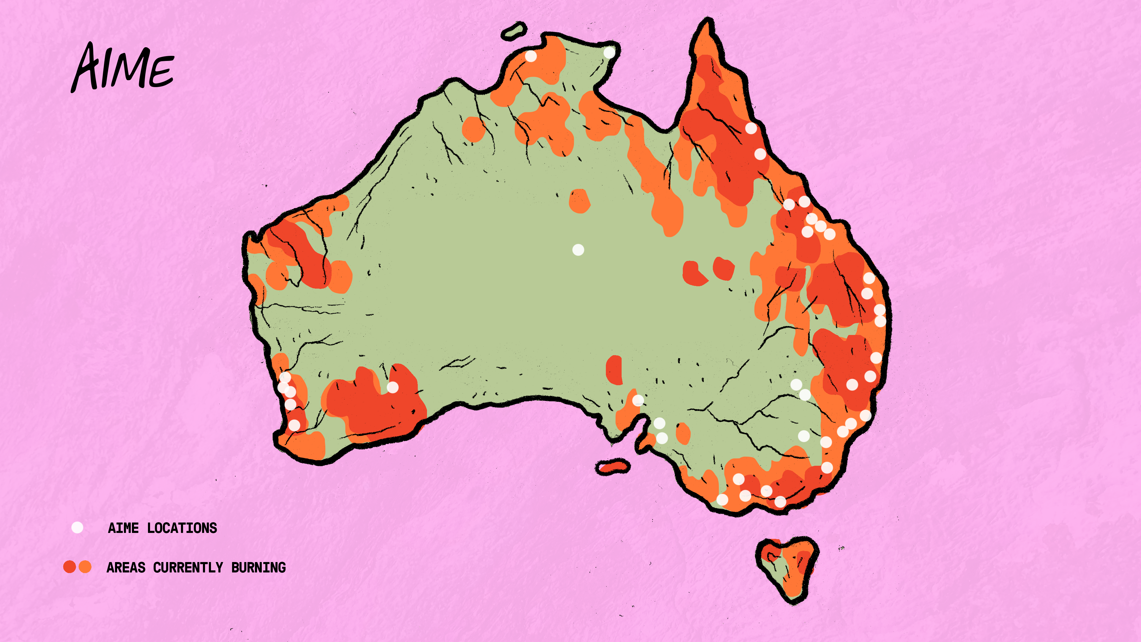 AIME sites and areas impacted by bushfires