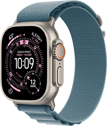 Apple Watch Ultra 3 - 49mm Natural Titanium Light Blue Alpine Loop 34FR Screen