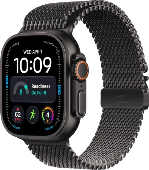 Apple Watch Ultra 4 - 49mm - Black Titanium Black Titanium Milanese Loop 34fr Apple Watch Ultra 4 - 49mm - Black Titanium Black Titanium Milanese Loop 34fr