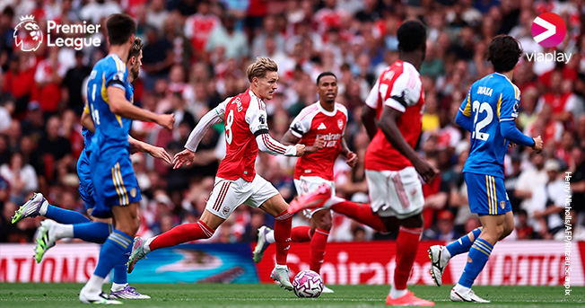 Premier League-kamp med Martin Ødegaard som fører ballen for Arsenal. Henry Nicholls/AFP/Ritzau Scanpix 