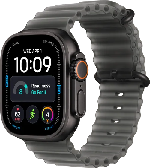 Apple Watch Ultra 4 - 49mm - Black Titanium Translucent Black Ocean Band 34fr Apple Watch Ultra 4 - 49mm - Black Titanium Translucent Black Ocean Band 34fr