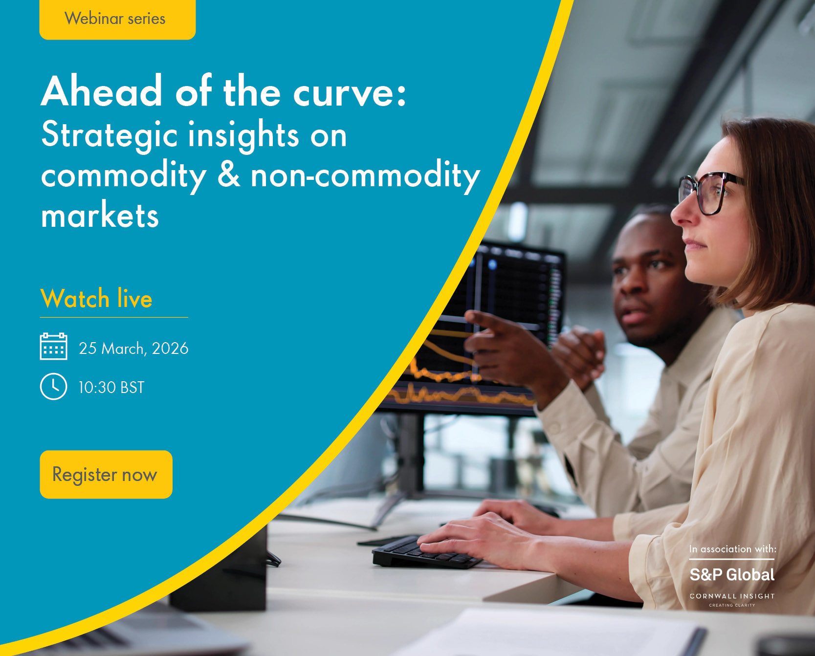Webinar promo showing analysts reviewing market data on screens with price charts during a strategic commodity markets presentation.