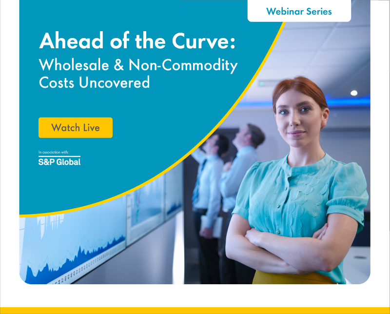Webinar promo for 'Ahead of the Curve: Wholesale & Non-Commodity Costs Uncovered' by S&P Global. Includes people viewing energy market graphs. Keywords: energy costs, wholesale pricing, non-commodity analysis, S&P Global webinar.
