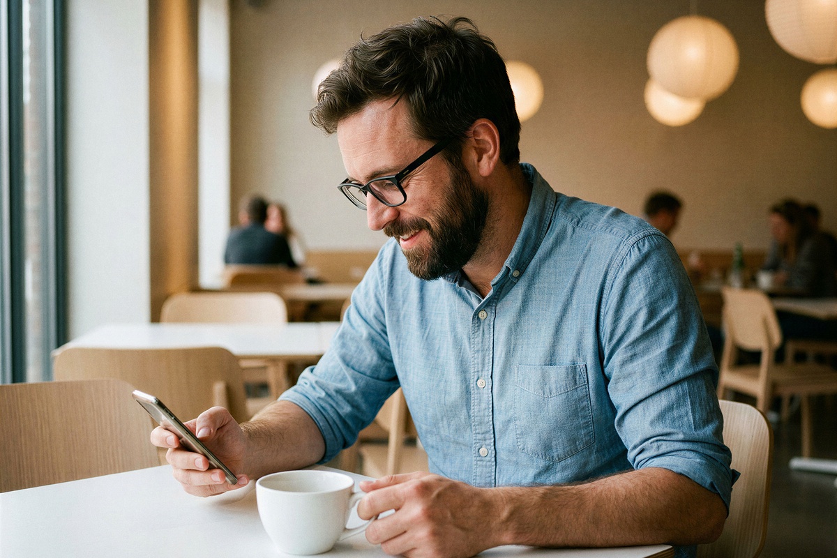 Expat in Poland using his phone to access his international bank account
