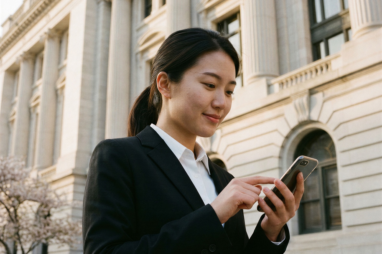 Expat woman in the United Kingdom checking her bank account on her phone