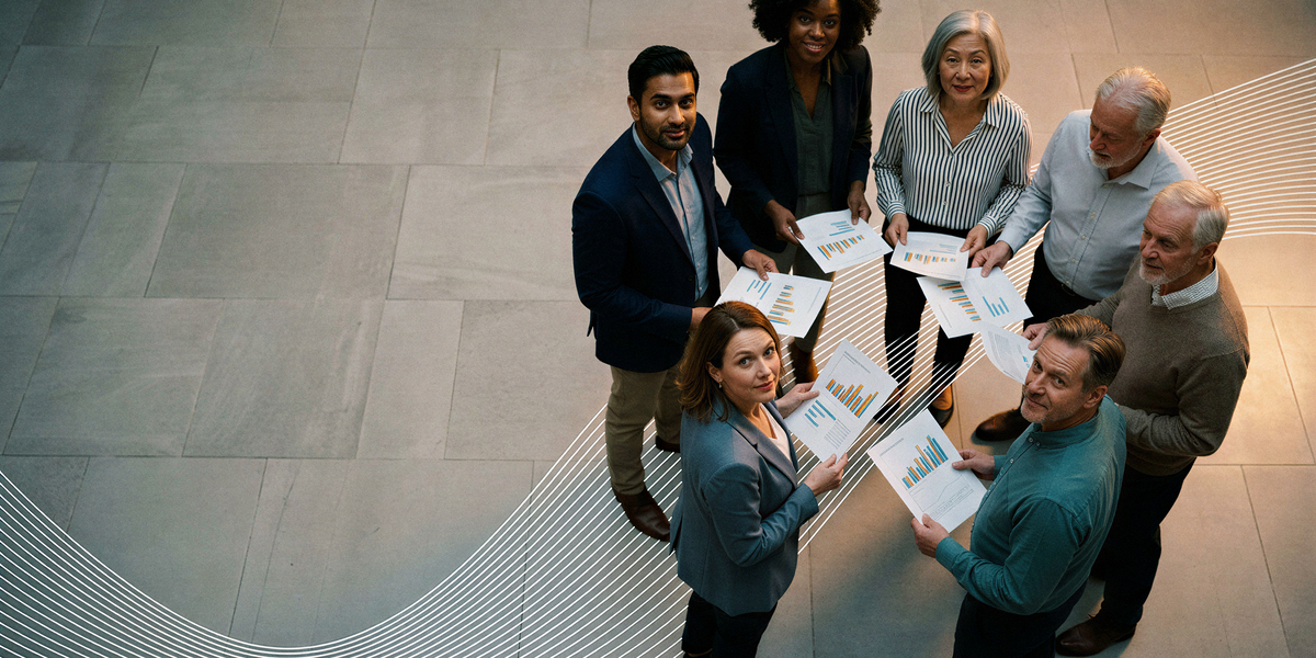 Overhead shot of people standing in a circle