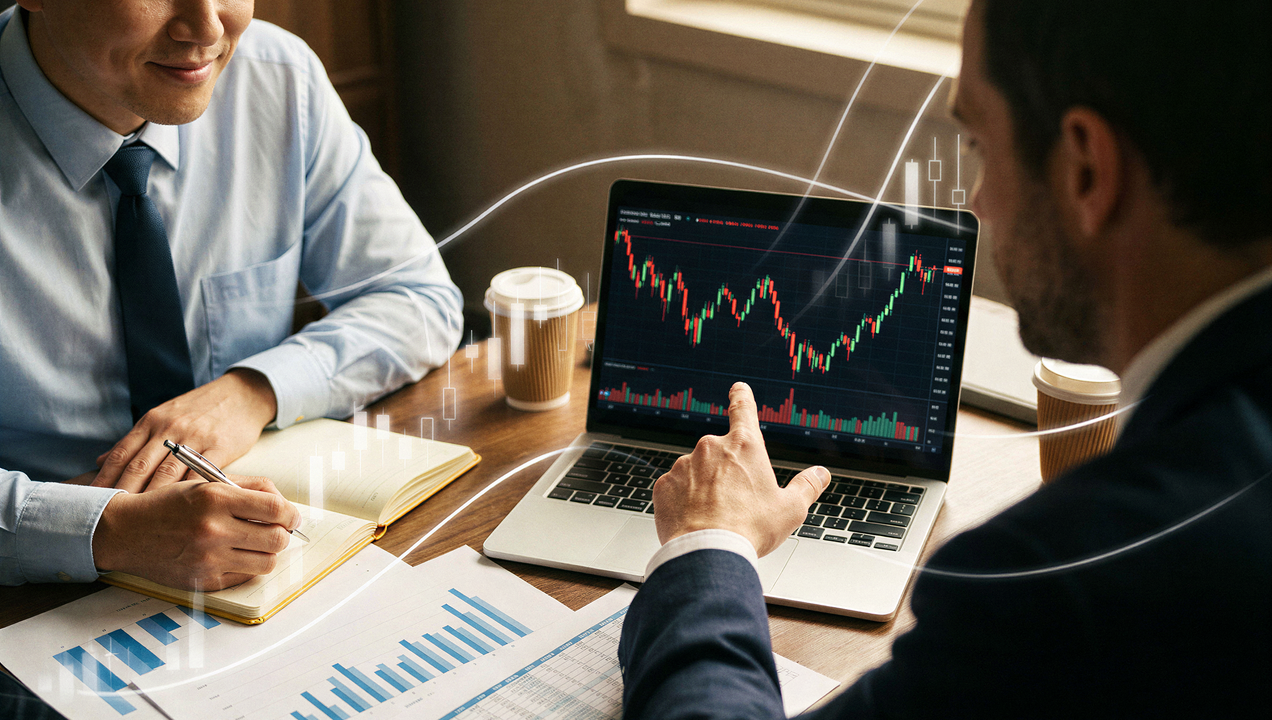 Two businessmen examining financial data