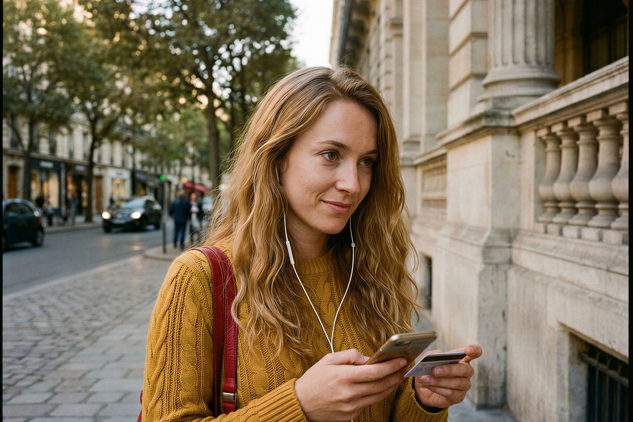 Young expat woman in Spain shopping online with her credit card