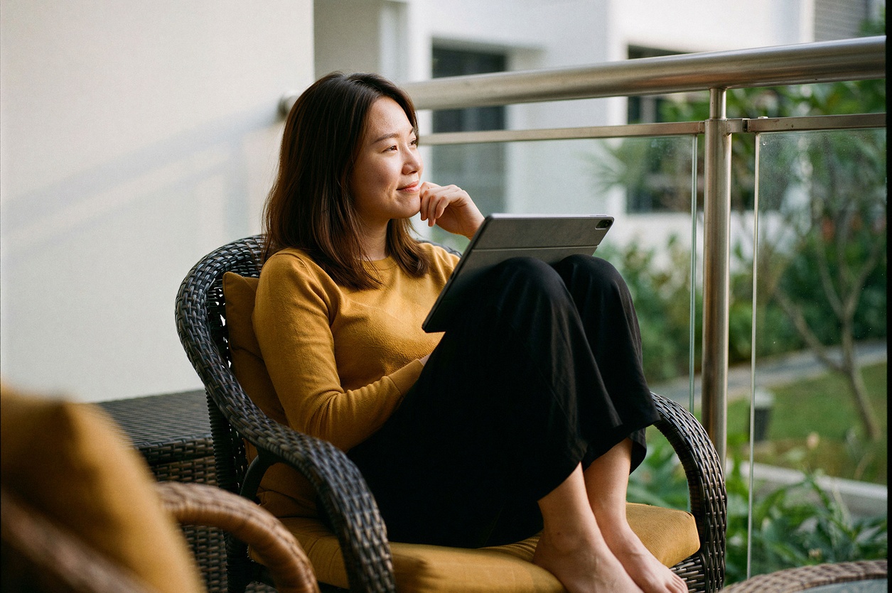 Young woman using her tablet to send money online