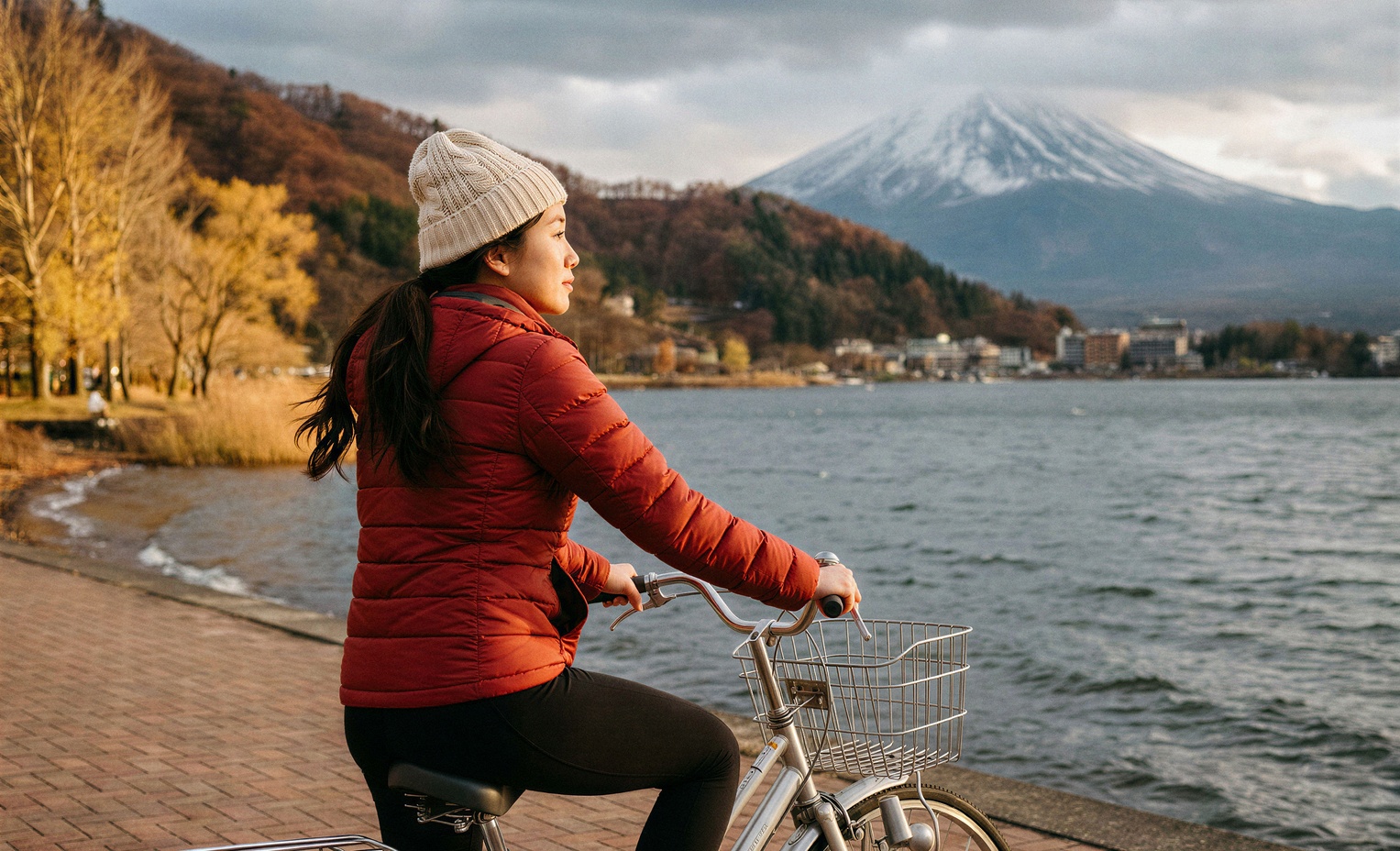 Girl riding her bicycle by Mt. Fuji in Japan