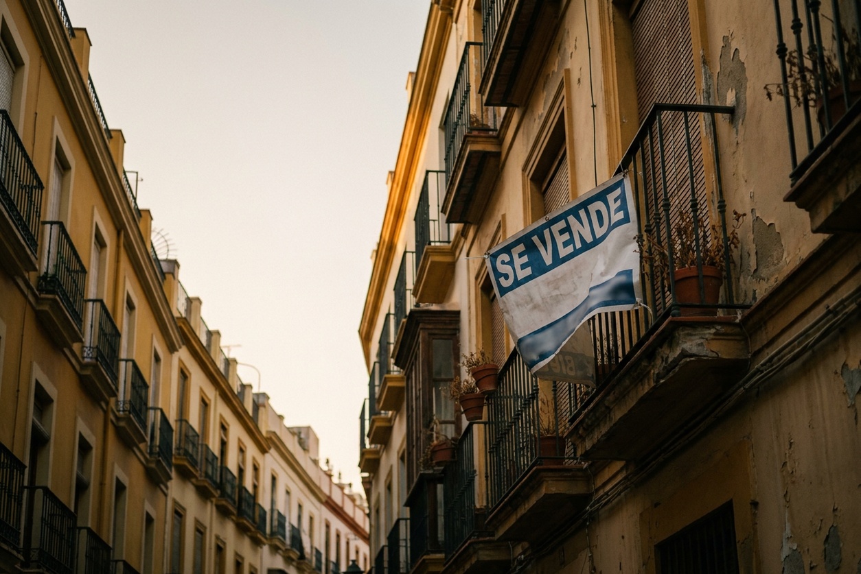 Sign reading "SE VENDE" ("For sale") on a property in Seville, Spain