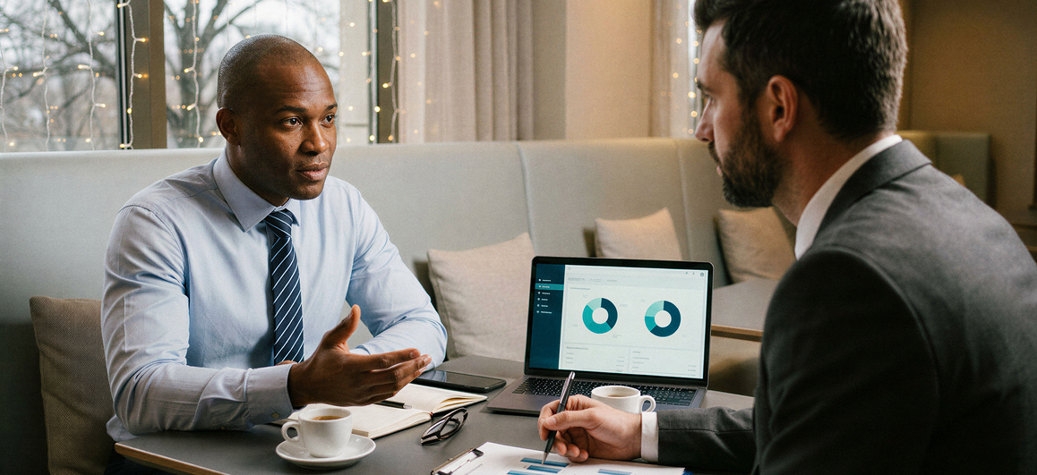 CFO reviewing dashboards on a laptop while an abstract AI network and finance icons (charts, currency symbols, checklists) appear in the background.