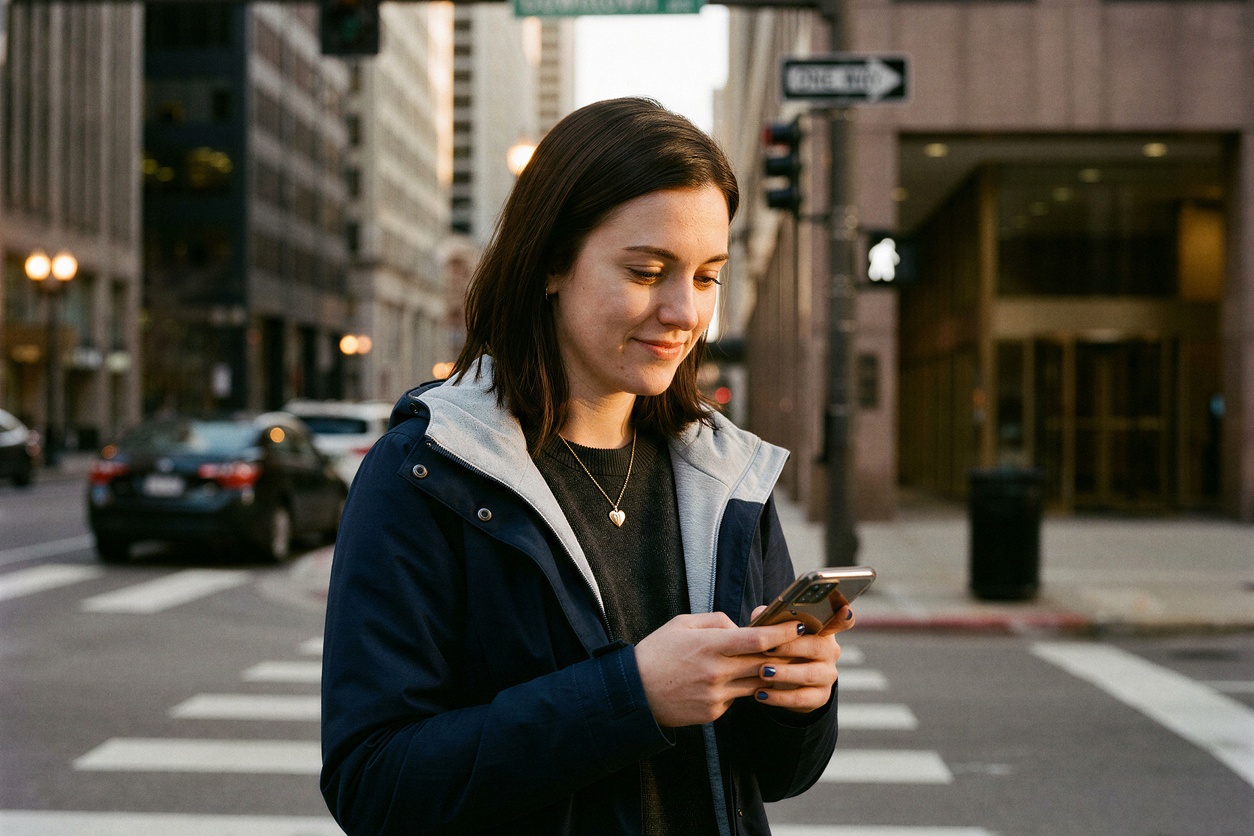 Woman checking her online bank in Toronto, Canada