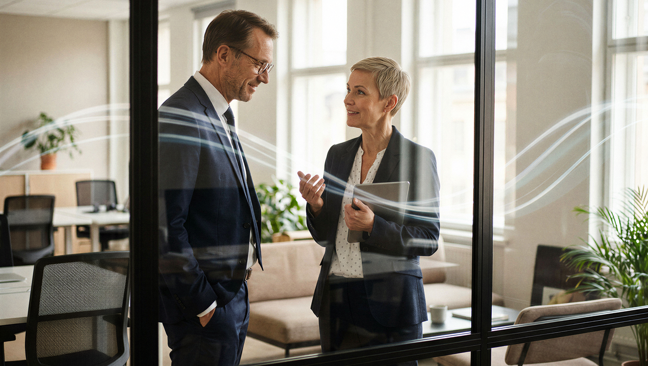 Two business people having a discussion in the office
