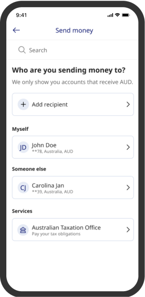 Image of a smartphone using the Xe mobile app

Send money

Who are you sending money to?
We only show you accounts that receive AUD

Myself

Someone else

Services
Australian Taxation Office
Pay your tax obligations