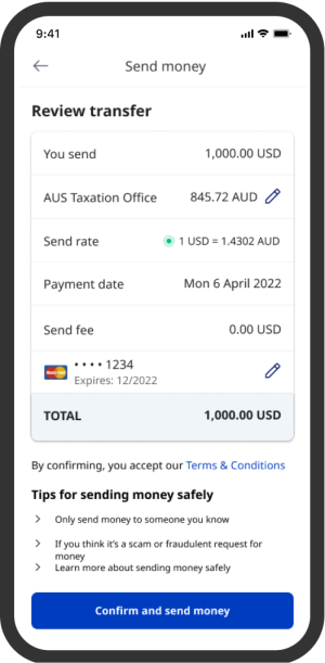 Image of a smartphone using the Xe mobile app

Send money

Review transfer

You send 1,000 USD
AUS Taxation Office