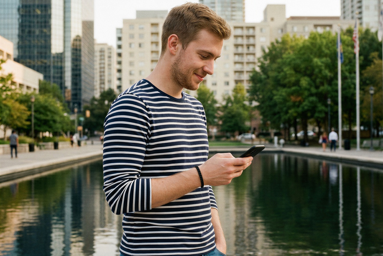 Young expat man in Australia using his phone to check his bank account